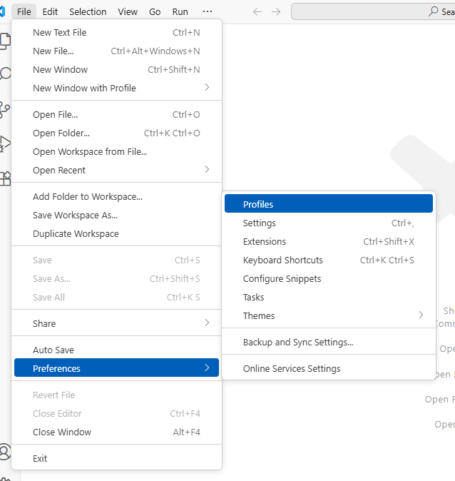 Navigating to profiles in VS Code menu