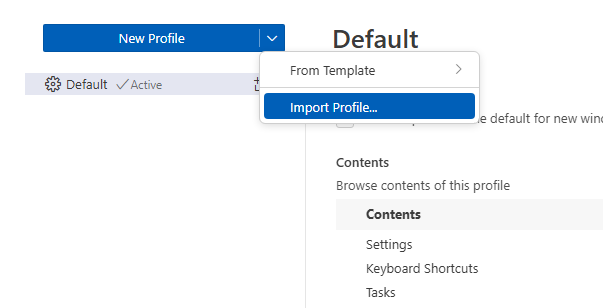 Import Profile option in dropdown menu