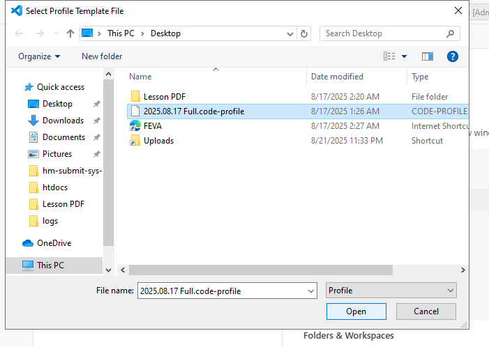 File explorer showing the profile file to be opened