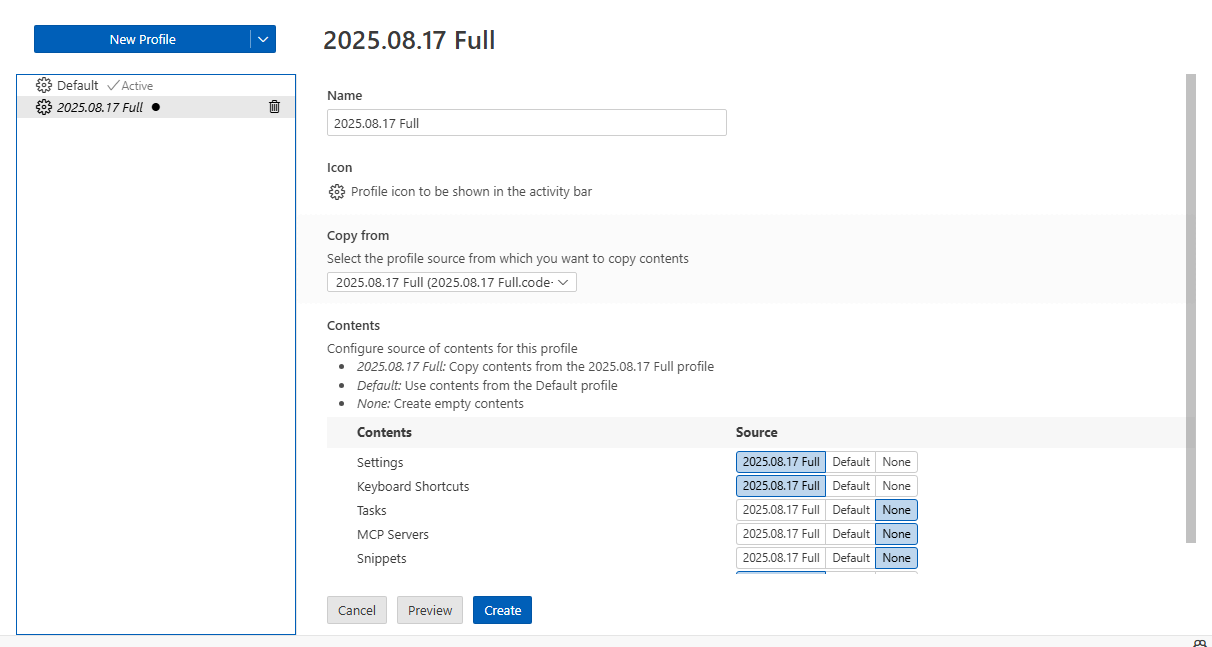 Profile creation and configuration screen